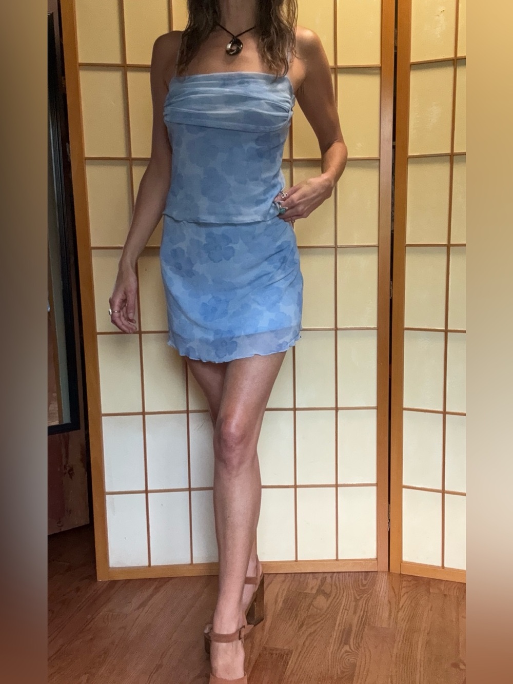 Y2K Blue Floral Mesh Cami Mini Skirt 2 Piece Set Coquette See You Monday